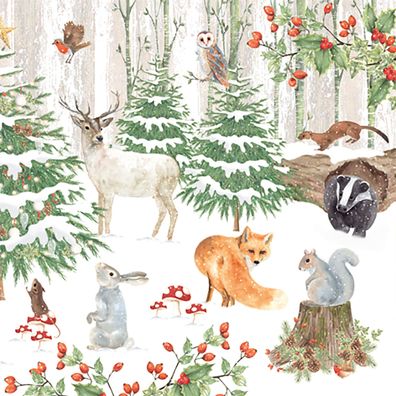 Servietten Papier 33x33cm Waldtiere im Winterwald 20 Stück Weiß / Grün