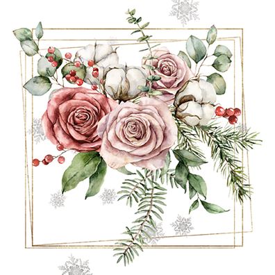 Servietten Papier 33x33cm Winterstrauß Rosen 20 Stück Weiß / Rosa