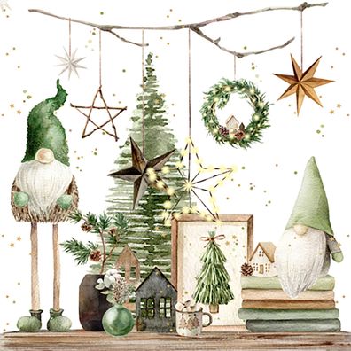 Servietten Papier 33x33cm Weihnachtswichtel 20 Stück Weiß / Grün