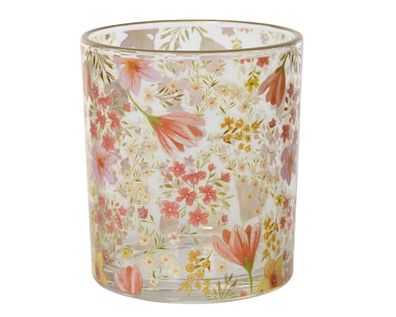 Teelichthalter Glas 9cm mit Blumenmotiv Transparent