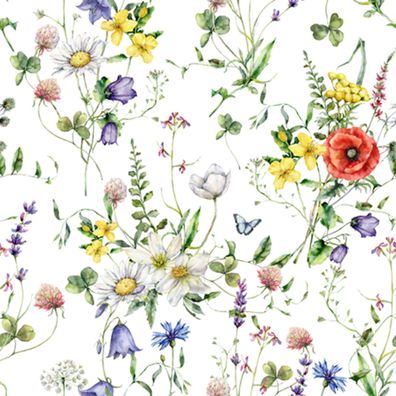 Servietten Papier 33x33cm 3-lag Wiesenblumen Motiv 20 Stk Weiß / Bunt