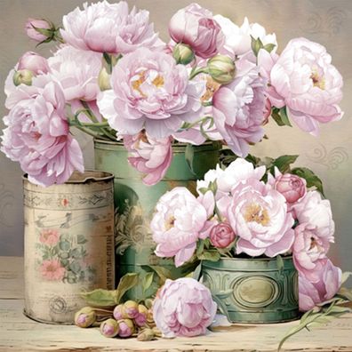 Servietten Papier 33x33cm 3-lagig Pfingstrosen Blumen Vintage 20 Stück