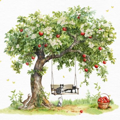 Servietten Papier 33x33cm 3-lag Apfelbaum & Katzen Landhausstil 20 Stk