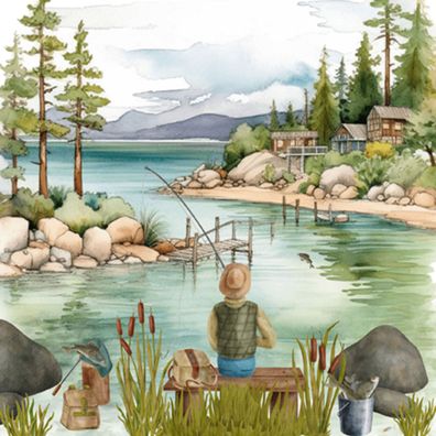 Servietten Papier 33x33cm 3-lagig Angler am Bergsee – Naturidylle Motiv 20 Stück