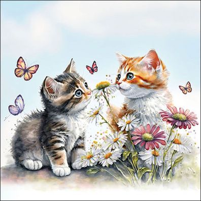 Servietten Papier 33x33cm 3-lag. mit Katzen & Blumen Motiv 20 Stück