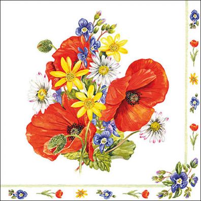 Servietten Papier 33x33cm 3-lag. mit Mohnblumen & Wiesenblumen 20 Stk