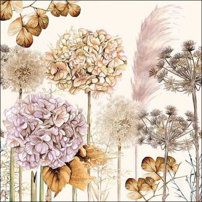 Servietten Papier 33x33cm 3-lag. mit Trockenblumen & Hortensien 20 Stück