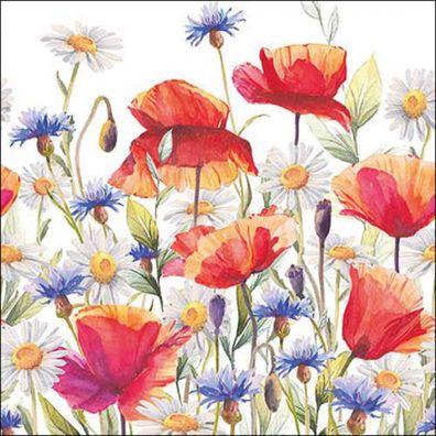 Servietten Papier 33x33cm 3-lag. mit Mohnblumen & Sommerwiese 20 Stück