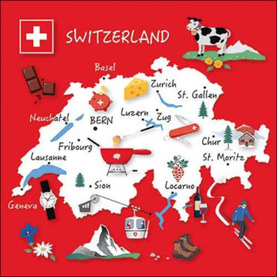 Servietten Papier 33x33cm 3-lag mit Schweiz Motiv & Landkarte 20 Stück