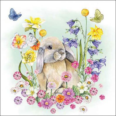 Servietten Papier 33x33cm 3-lag mit Hase & Frühlingsblumen Motiv 20 Stk
