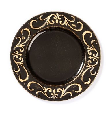 Dekoteller Kunststoff mit goldenen Ornamenten am Rand 33cm schwarz