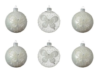 Weihnachtskugeln Glas mit Motiv Schmetterling 8cm klar / weiß, 6er Set