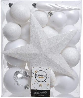 Weihnachtskugeln mit Christbaumstern Kunststoff 33er Set - Winterweiss