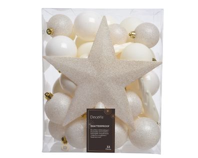 Weihnachtskugeln mit Christbaumstern Kunststoff 33er Set - Wollweiß