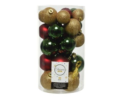 Weihnachtskugeln Kunststoff 4-6cm Mix 30er Set - Grün / Rot / Perle