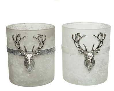 Teelichthalter Glas mit Hirsch 10cm weiß / grau, 1 Stück sortiert