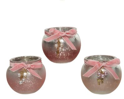 Teelichthalter Glas mit Schleife und Anhänger 7cm rosa, 1 Stück sort