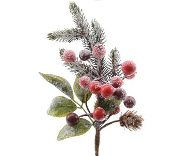 Tannenzweig 24cm mit Beeren, Zapfen und Schnee künstlich grün / rot