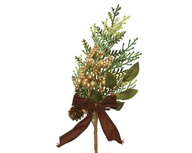 Tannenzweig künstlich 25cm mit goldenen Beeren und Samtschleife