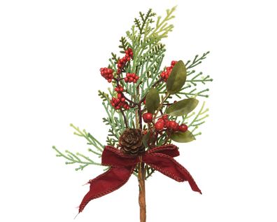 Tannenzweig künstlich 25cm mit roten Beeren und Samtschleife