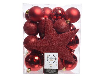 Weihnachtskugeln Kunststoff mit Christbaumstern 33er Set Weihnachtsrot