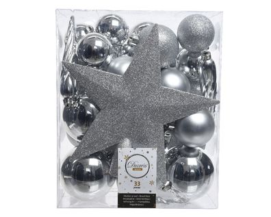 Weihnachtskugeln Kunststoff mit Christbaumstern 33er Set - Silber