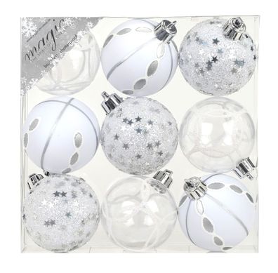 Weihnachtskugeln Dekorierte Kunststoff 6cm 9er Set - Weiß / Silber