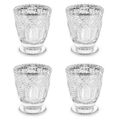 Teelichtgläser Kelch geprägte Ornamenten 7x8cm silber 4er Set