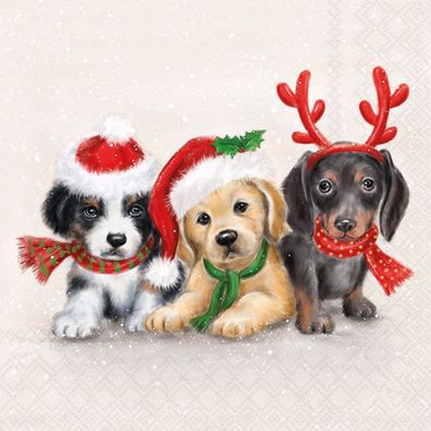 Servietten Papier 33x33cm 3-lagig mit Weihnachtswelpen Motiv 20 Stück