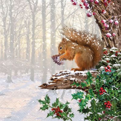 Servietten Papier 33x33cm 3-lag. mit Eichhörnchen Winter Motiv 20 Stk