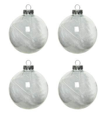 Weihnachtskugeln Glas mit Federn gefüllt 7cm, 4er Set- Klar / weiß