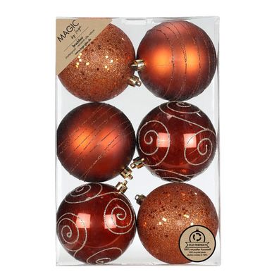 Weihnachtskugeln Kunststoff 8cm mit Glitzer 6er Set - Roasted Almond