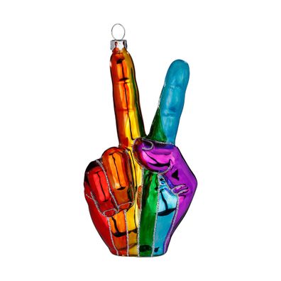 Christbaumschmuck Glas 14,5cm Victory Zeichen in Regenbogen Farben