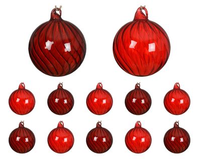 Weihnachtskugeln Glas 8cm mit Rillen 12er Set Weinrot / Rot
