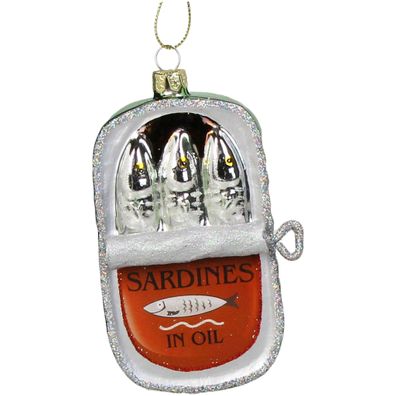 Christbaumschmuck Glas 12cm Sardinen in Dose Figur Silber / Rot