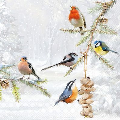 Servietten Papier 33x33cm 3-lagig mit Wintervögel Motiv 20 Stück