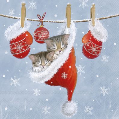 Servietten Papier 33x33cm 3-lag. mit Weihnachtskätzchen Motiv 20 Stück