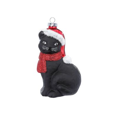 Christbaumschmuck Glas Katze mit Weihnachtsmütze 10cm schwarz / rot