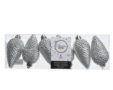 Christbaumschmuck Zapfen 8cm Kunststoff 6 Stück - Silber
