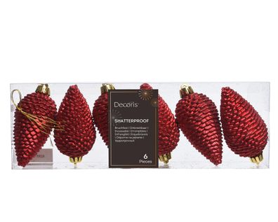 Christbaumschmuck Zapfen 8cm Kunststoff 6 Stück - Weihnachtsrot