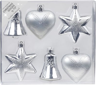 Weihnachtskugeln Formen dekoriert Kunststoff 9cm 6er Set - Silber