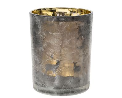 Teelichthalter Glas 8cm mit Eisblumen Motiv Gold Bereift