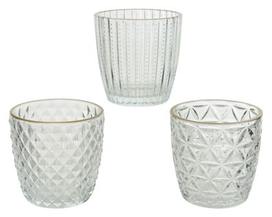 Teelichthalter Glas 7,5cm mit Relief & Goldrand 1 Stück sortiert Klar