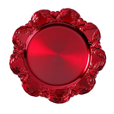 Dekoteller 32cm Kunststoff mit Herzmuster - Rot metallic