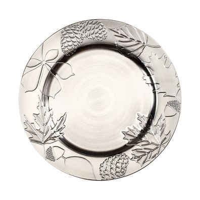 Dekoteller 33cm Kunststoff mit Blätter & Zapfen Muster Silber