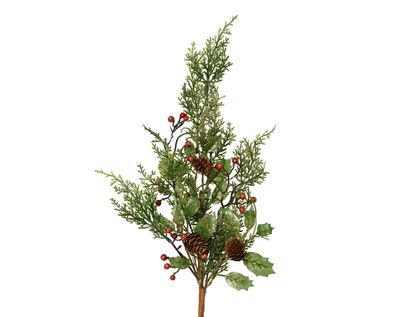 Künstlicher Zweig 50cm mit roten Beeren und Glitzer Grün / Rot