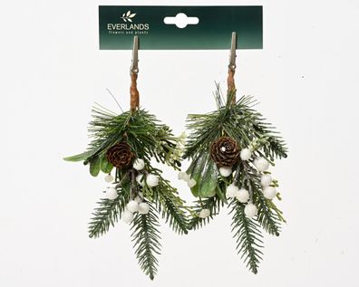 Künstliche Zweige mit Clip 22cm mit weißen Beeren & Zapfen 2er Set