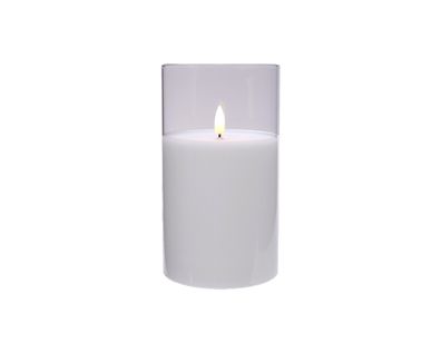 LED Kerze im Glas7,5x11cm mit Timer Wachs Weiß / Warmweiß
