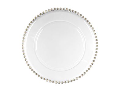 Dekoteller 32cm Kunststoff mit Perlenrand Transparent / Gold