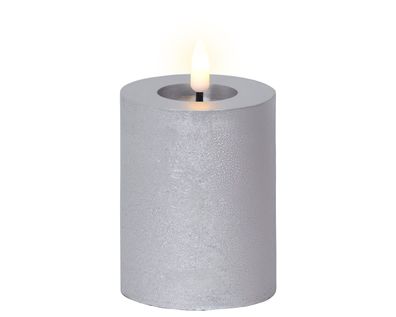 LED Kerze 7x11cm mit Timer Wachs Rustik Silber / Warmweiß